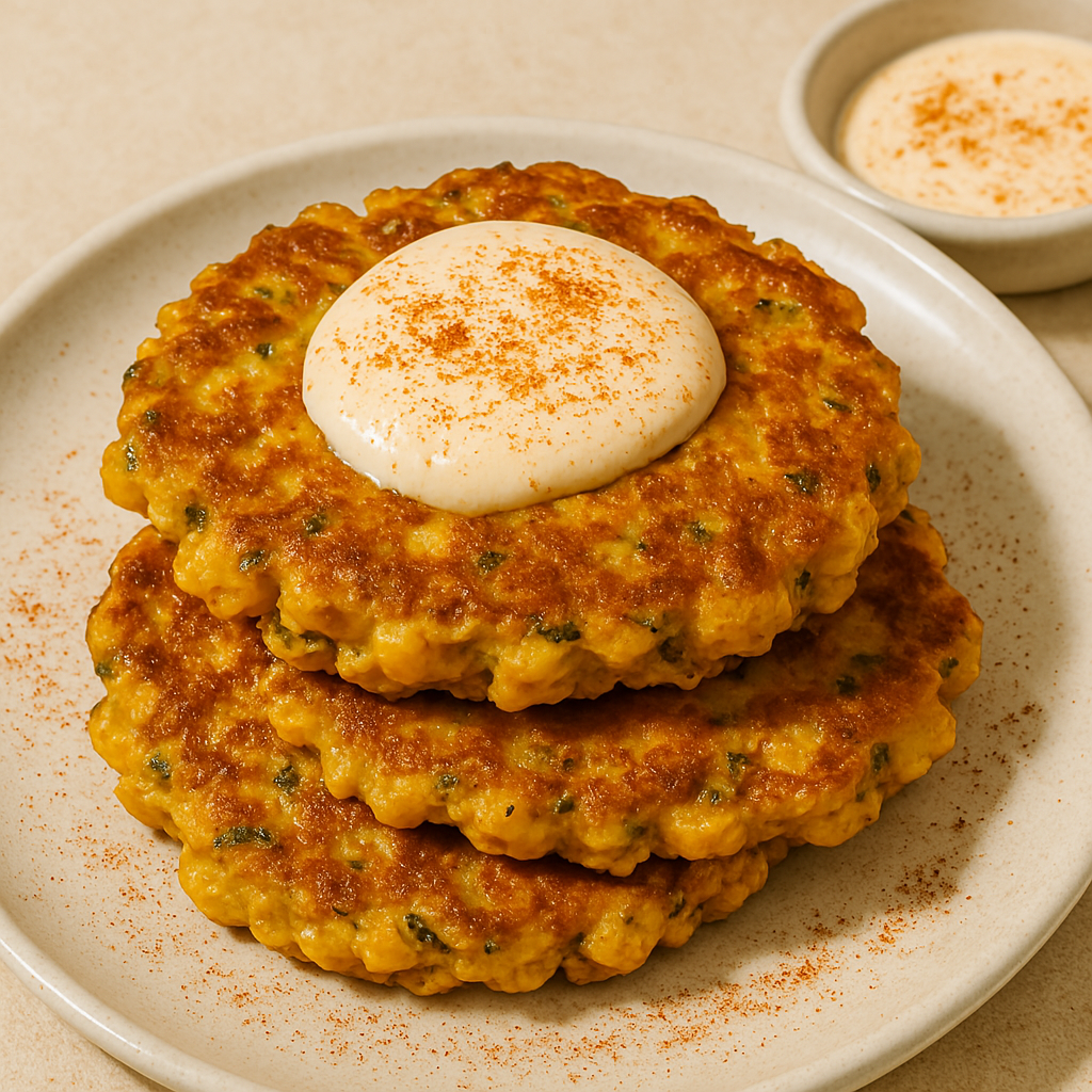 Stack of golden corn fritters with dollops of chilli yoghurt and fresh herbs on a ceramic plate.