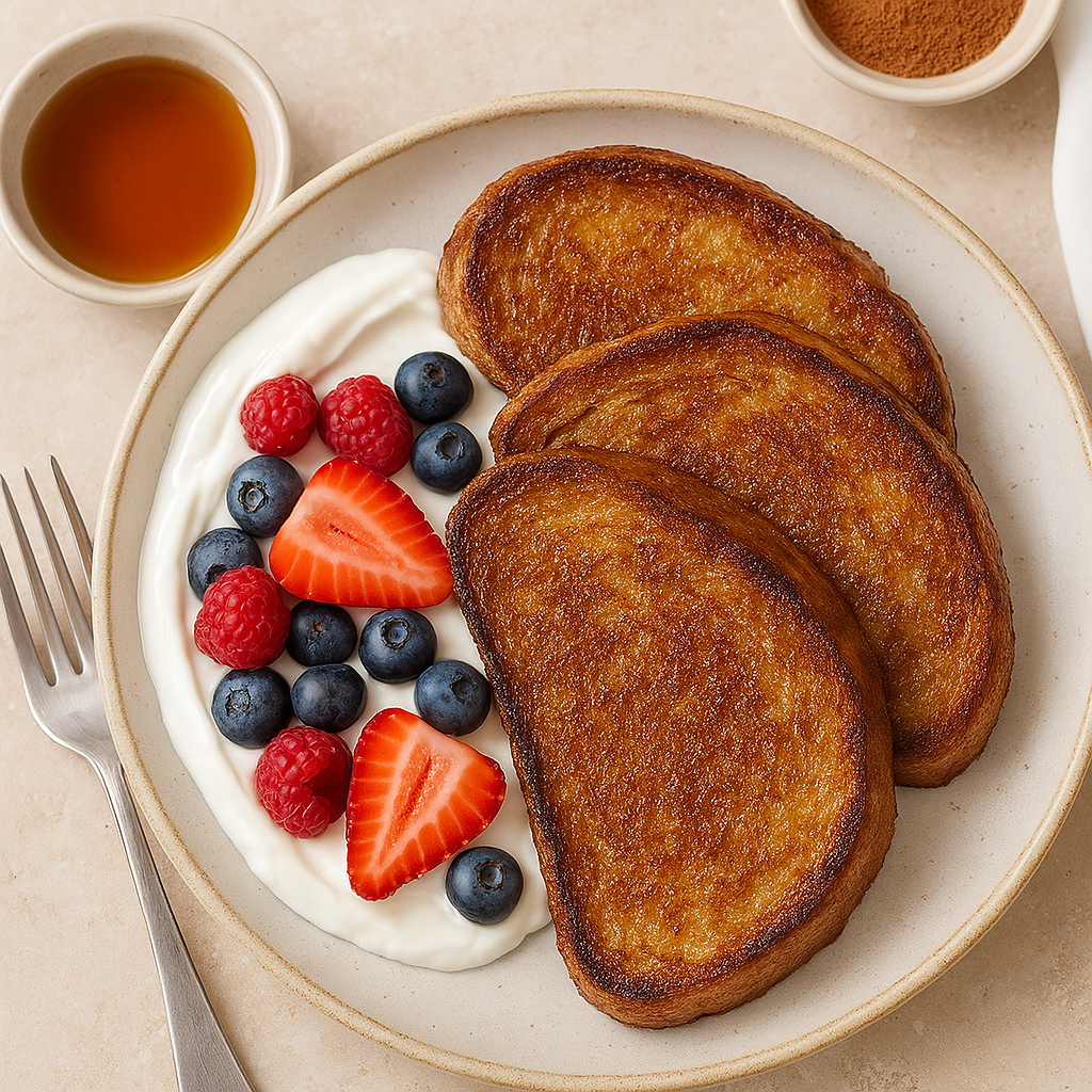 Golden French toast topped with maple syrup, berries, and yoghurt, made with Aromi Spices Cinnamon Kisses blend.
