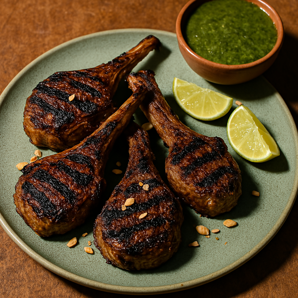 BBQ lamb chops grilled and served with fresh mint sauce on a ceramic plate, seasoned with Aromi Basaar spice blend.