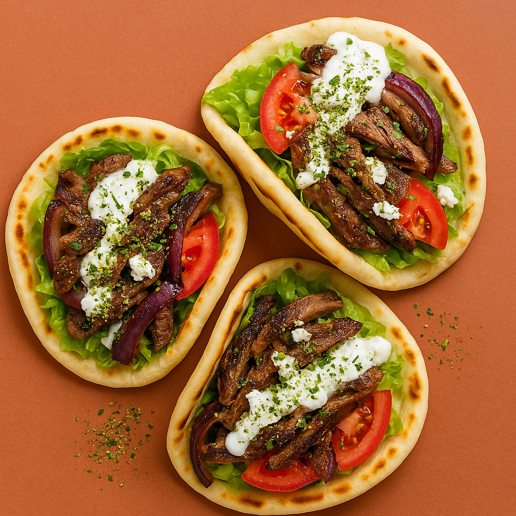 Close-up of a warm flatbread wrap stuffed with herbed lamb mince, salad leaves, and creamy yoghurt, with a sprinkle of herbs on top.